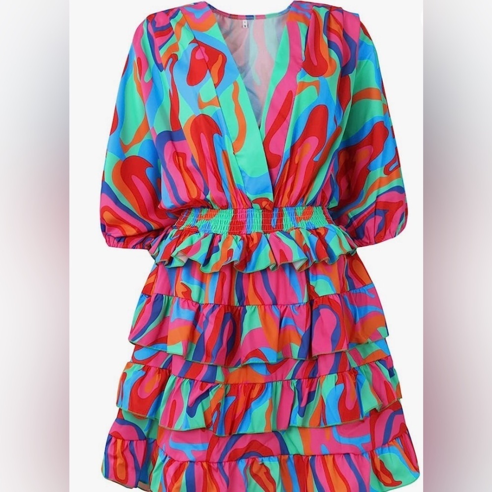 NWT Bohemian Layered Dressy V Neck Bell Sleeve Beach Short Mini Sundress size M - Picture 3 of 7